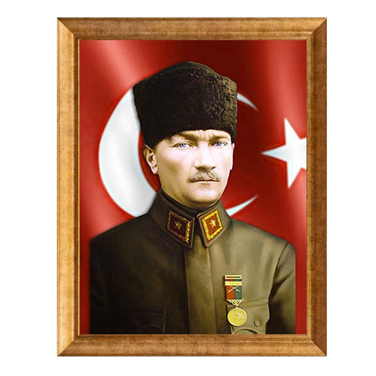 Milli eğitim müdürlükleri ve kamu binaları için yaldızlı altın çerçevede şanlı Türk bayraklı kalpaklı Atatürk tablosu - Çamlıca Home