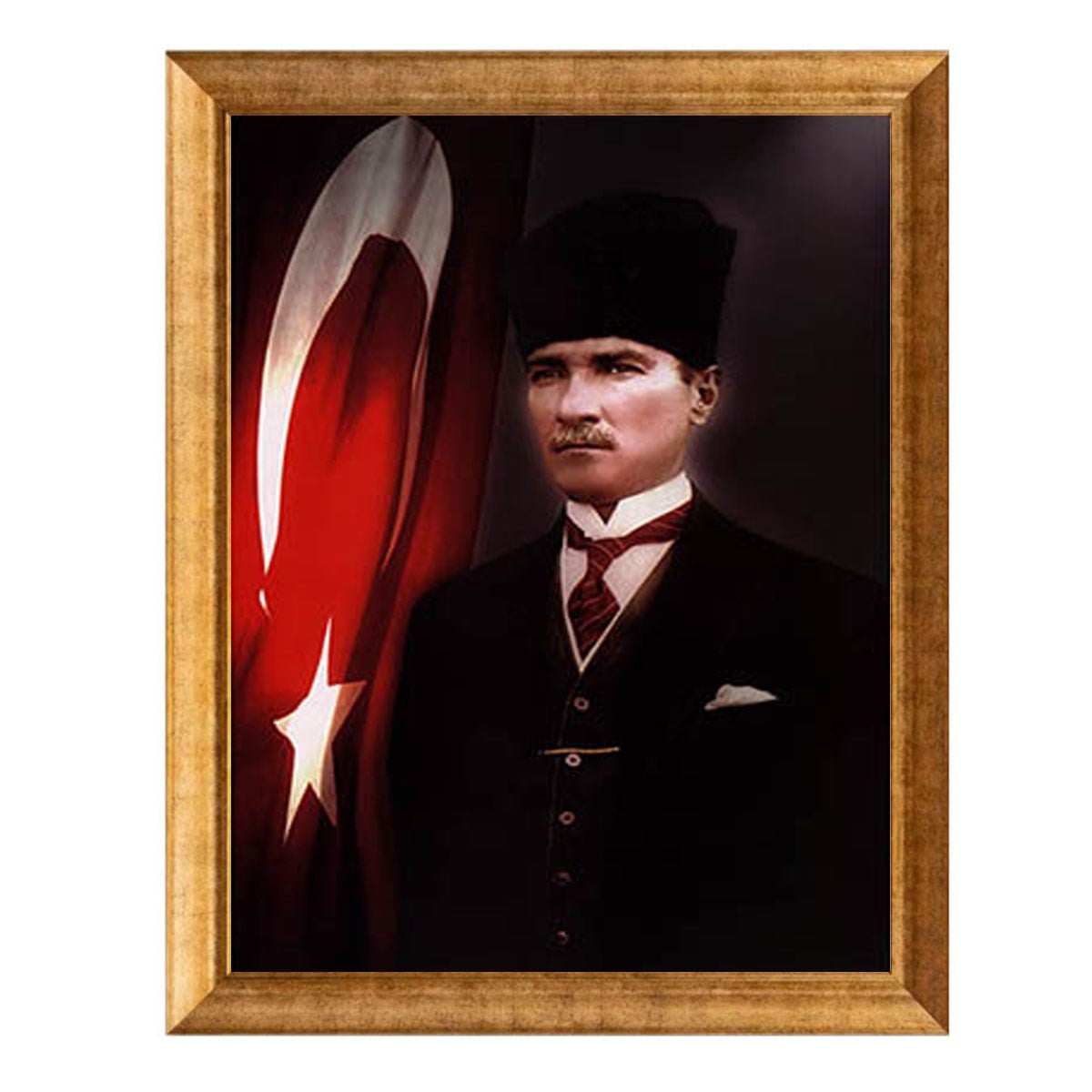 Resmi makam odaları ve idari bürolar için 60x90 cm altın varak çerçeveli ay yıldızlı kalpaklı Atatürk tablosu - Çamlıca Home