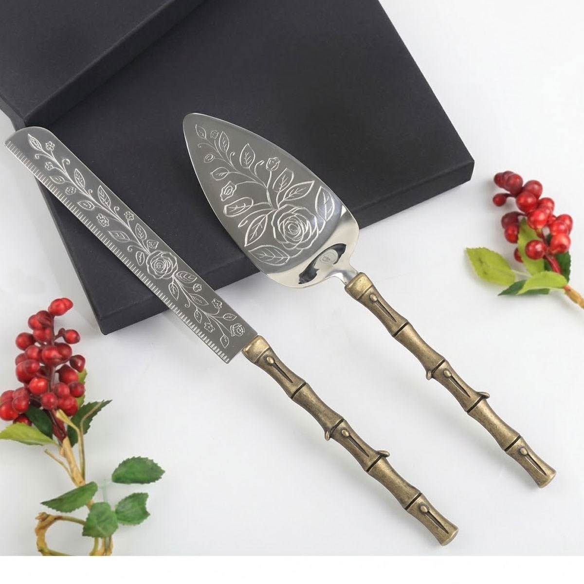 Çamlıca Home antik bronz eskitme bambu saplı gül motifli vintage 2li pasta servis takımı