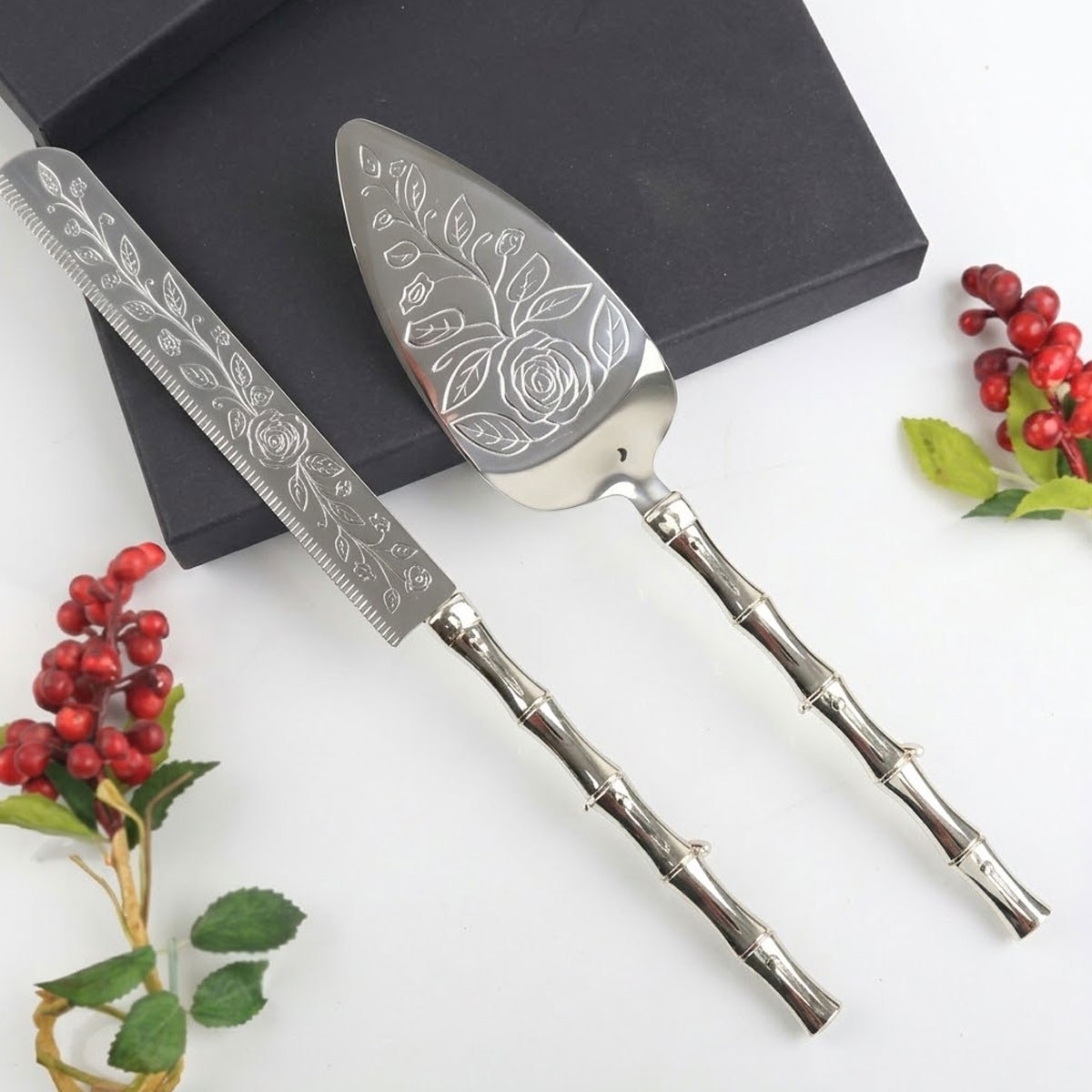 Çamlıca Home bambu formlu paslanmaz çelik metal kulplu 2li gümüş pasta servis takımı