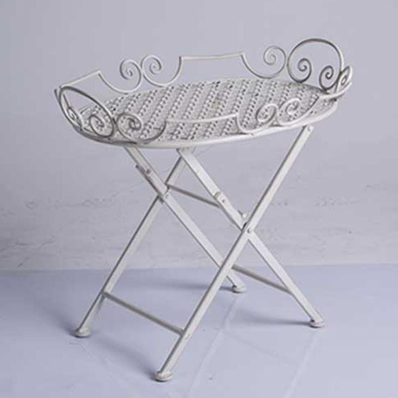 Beyaz Eskitme Ferforje Servis Sehpasi 65 x 61 cm