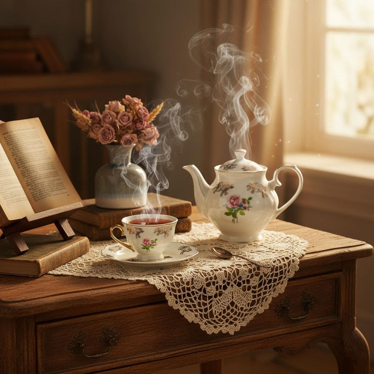 Bohem Vintage Fincan Takımı, eski ahşap sehpa üzerinde kitaplar ve dantel örtü ile nostaljik çay keyfi.