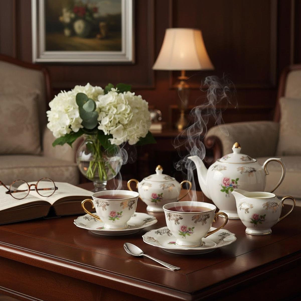 Bohem Lüks Çay Seti, klasik salonda şık sehpa üzerinde çiçek ve buharlı çay servisi.