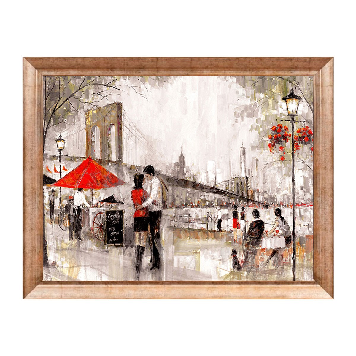 Eskitme çerçeveli Brooklyn köprüsü ve romantik çift manzaralı tablo ls-082
