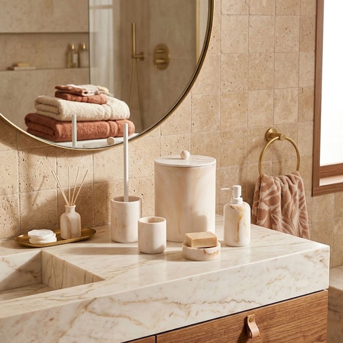 Çamlıca Home Cloud 5 Parça Bej Mermer Desenli Banyo Aksesuar Seti Doğal Taş Banyo Tezgahı Konsept Görseli