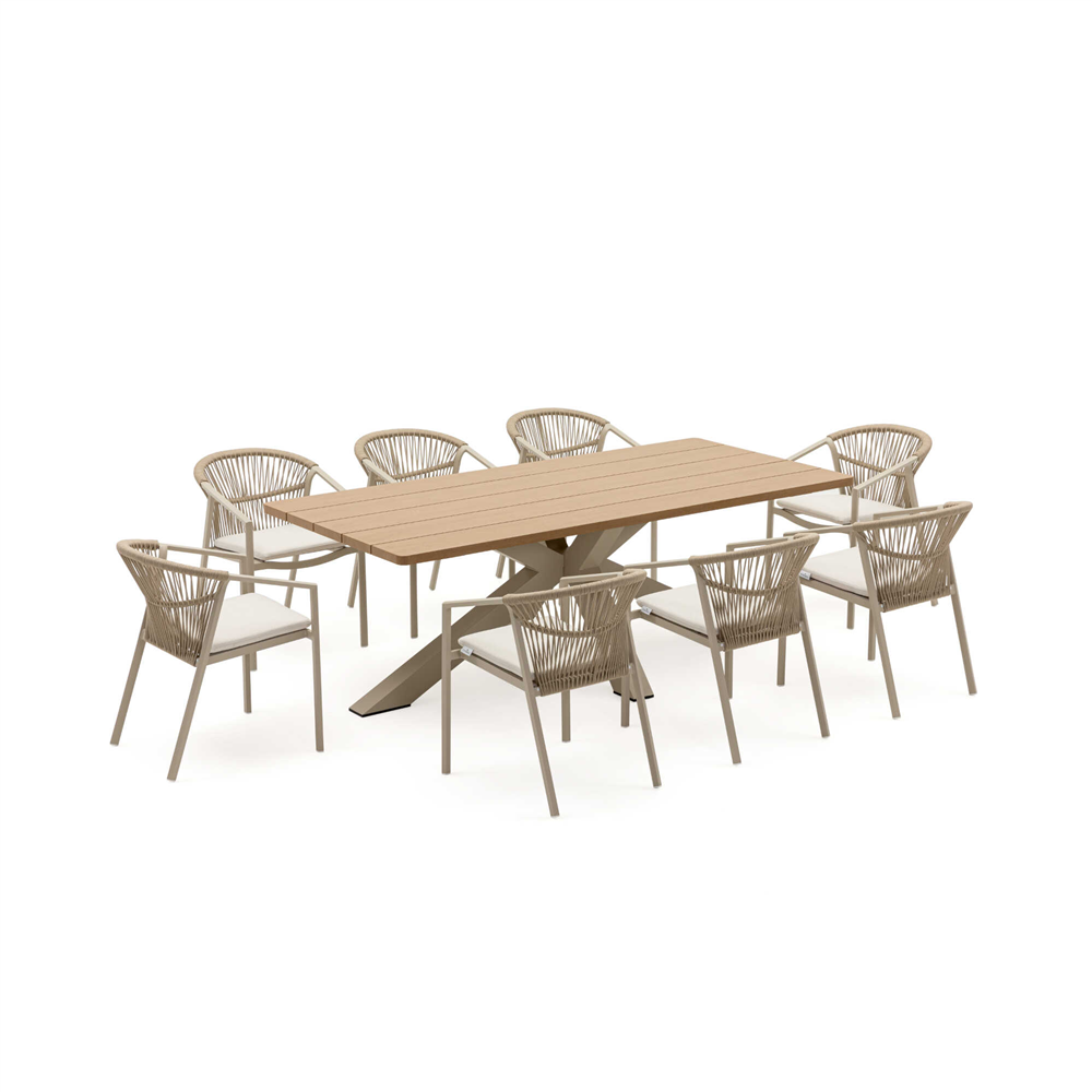 CROSS Alüminyum Bahçe Yemek Masası Doğal Meşe Görünümlü 220 cm  - Vivarel