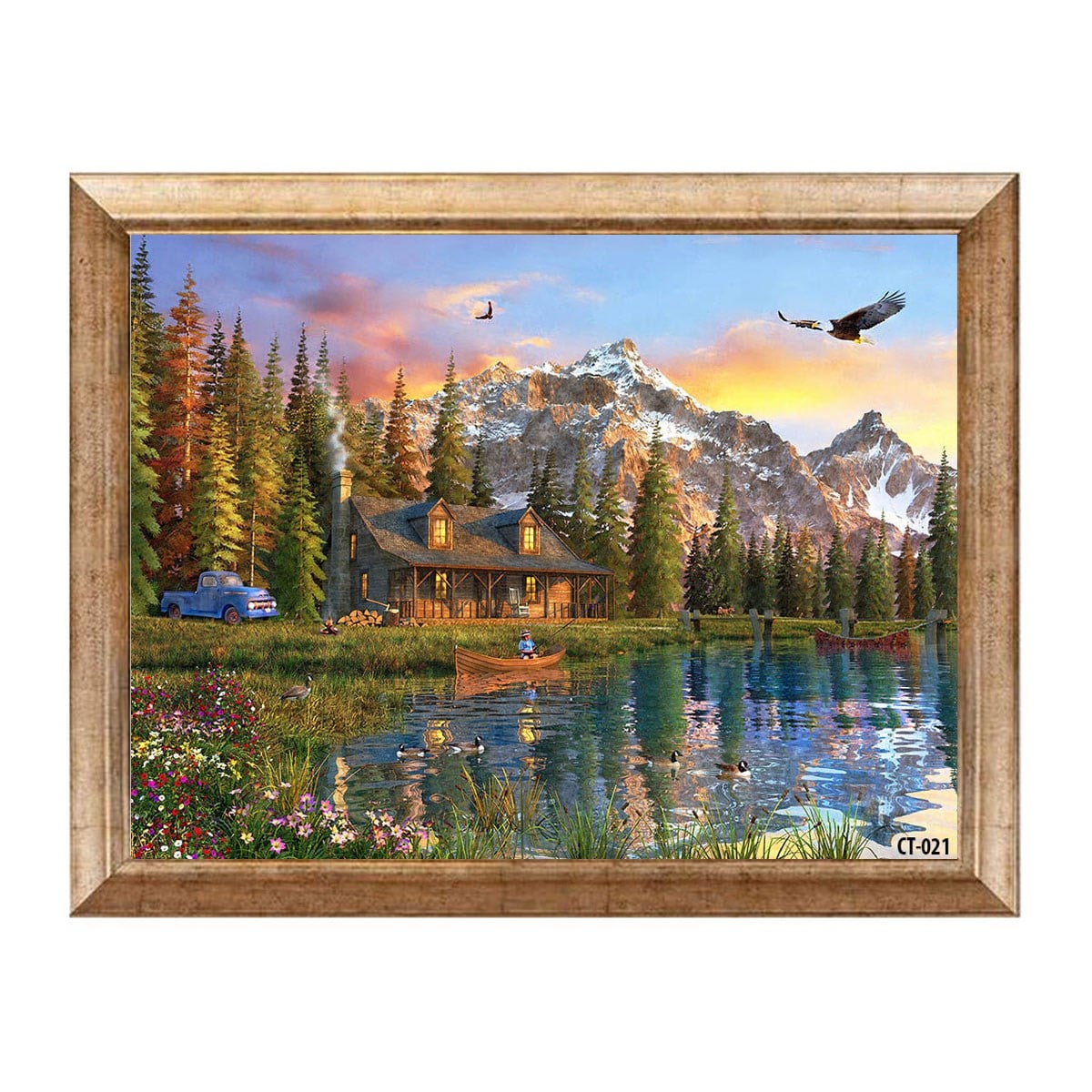 Eskitme çerçeveli dağ manzaralı göl evi ve doğa manzaralı tablo ct-021 - Çamlıca Home