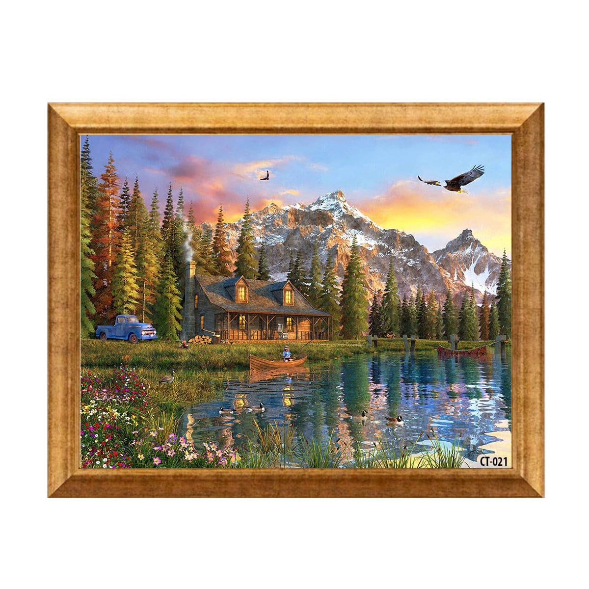 Altın çerçeveli dağ manzaralı göl evi ve doğa manzaralı tablo ct-021 - Çamlıca Home