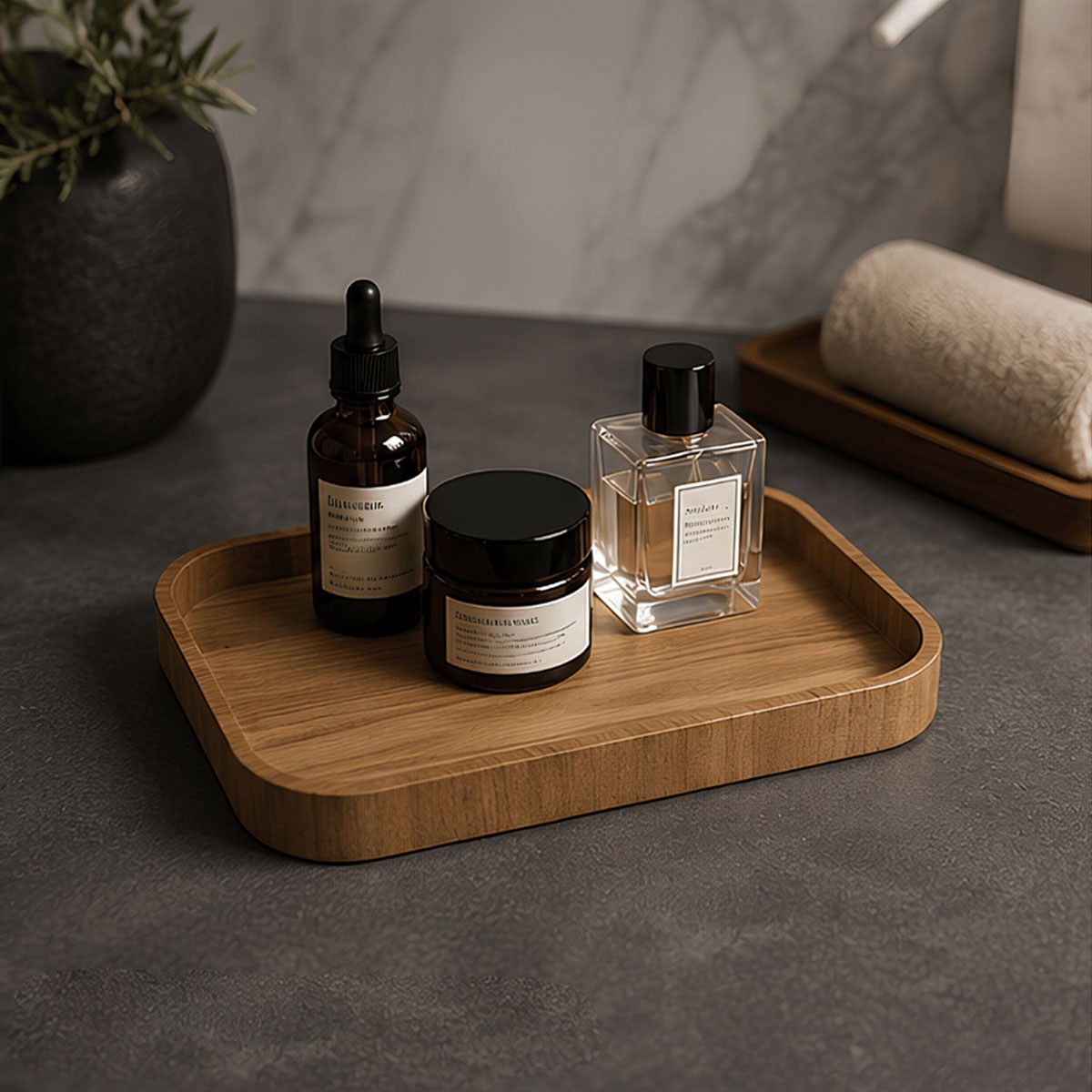 İskandinav stil ahşap tepsi üzerinde parfüm serum ve krem ile banyo tezgahı dekorasyonu
