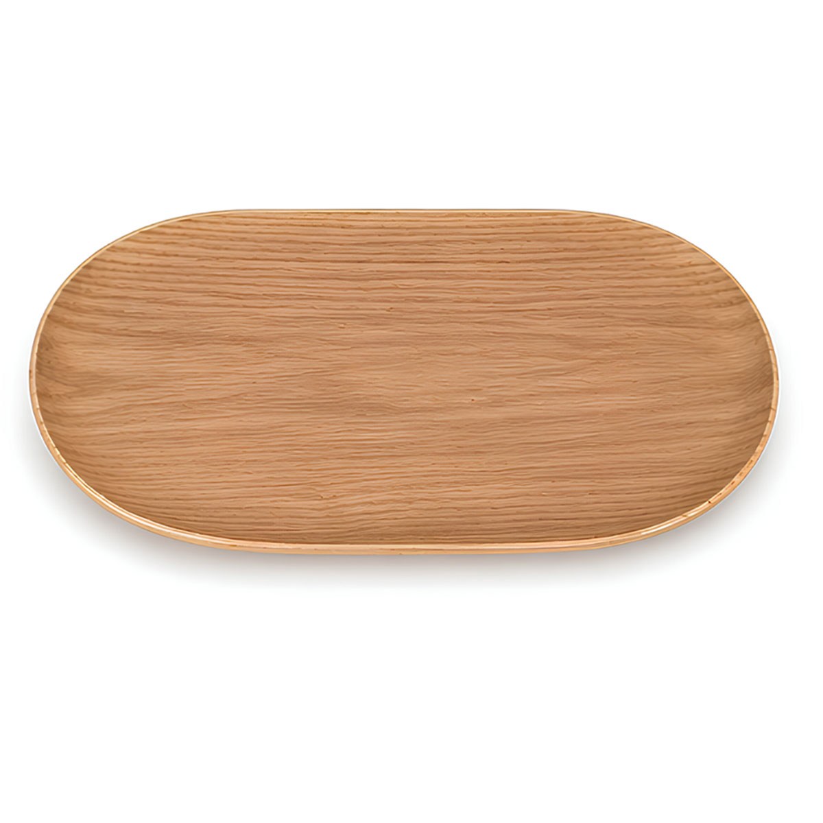 Minimalist İskandinav stil oval doğal meşe dokulu dekoratif ahşap tepsi üstten görünüm