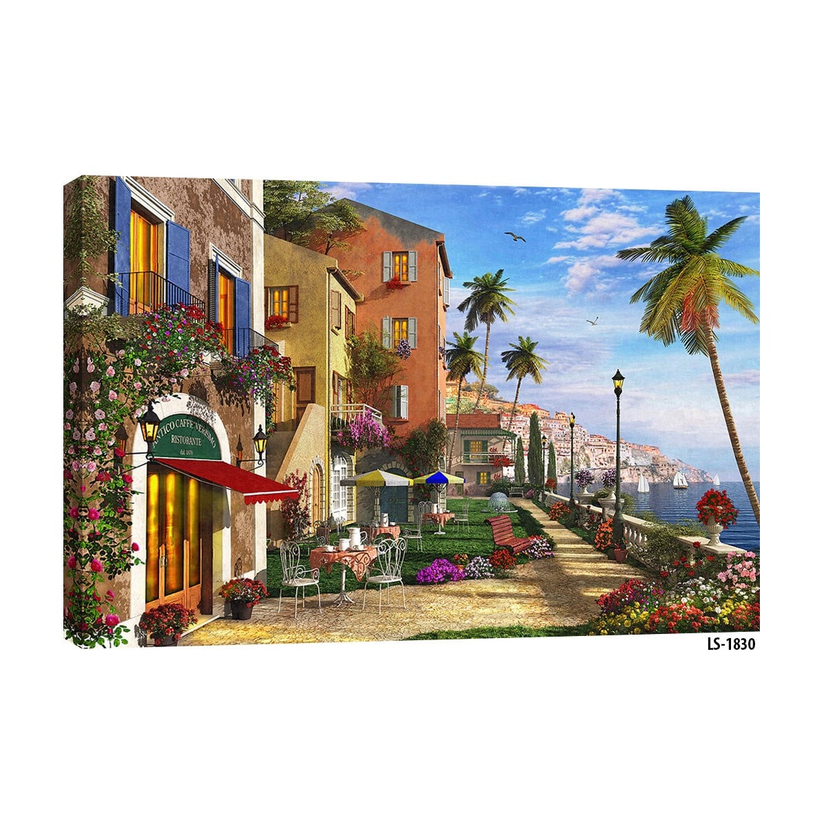 Sahil kıyısında tarihi İtalyan kafe palmiyeler çiçekli bahçe ve deniz manzaralı tablo ls-1830 - Çamlıca Home