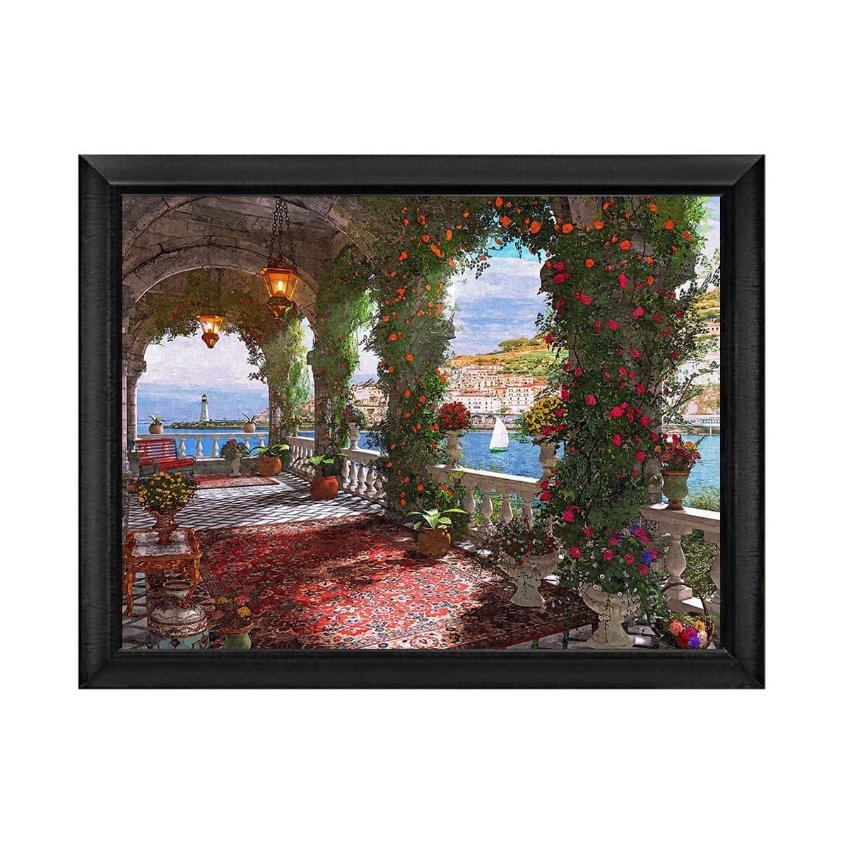 Siyah çerçeveli kemerli teras çiçekler ve sahil manzaralı tablo ls-1829 - Çamlıca Home
