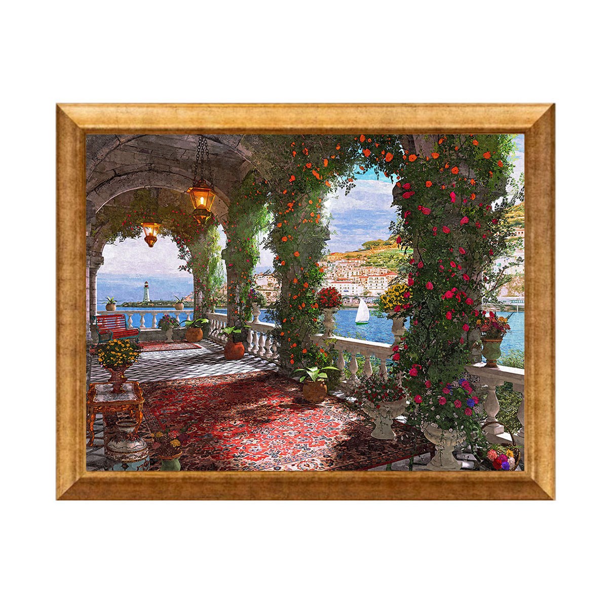 Altın çerçeveli kemerli teras çiçekler ve sahil manzaralı tablo ls-1829 - Çamlıca Home