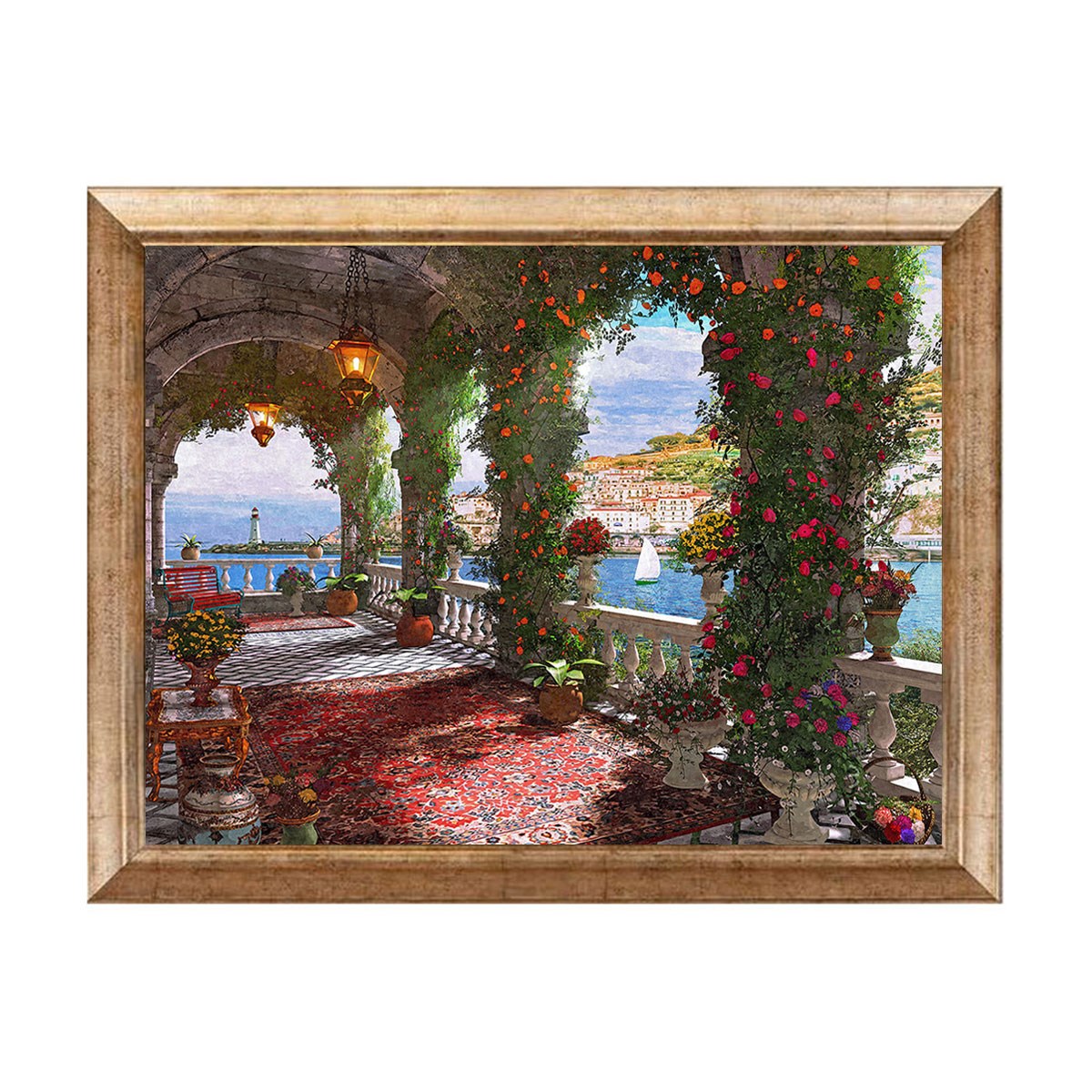 Eskitme çerçeveli kemerli teras çiçekler ve sahil manzaralı tablo ls-1829 - Çamlıca Home