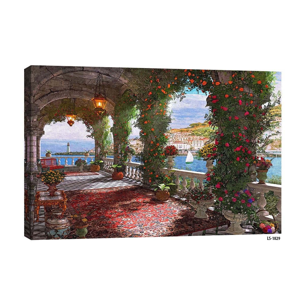 Halı serili taş kemerli balkon sarmaşık güller ve deniz manzaralı tablo ls-1829 - Çamlıca Home