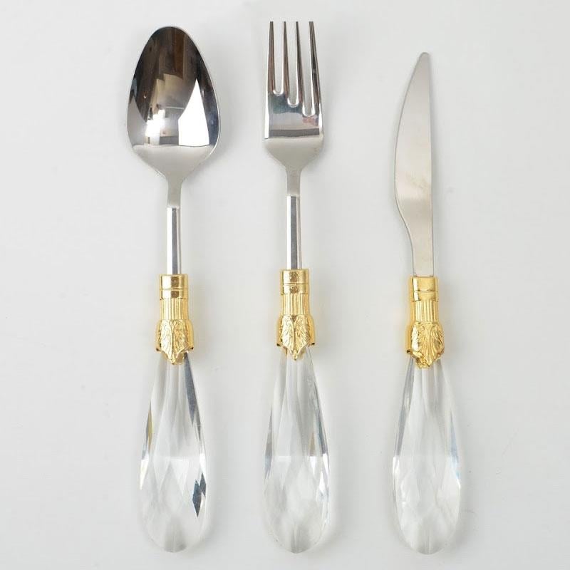 Emayra Diamond 18 parça şeffaf kristal saplı altın detaylı gümüş çelik yemek takımı - Çamlıca Home
