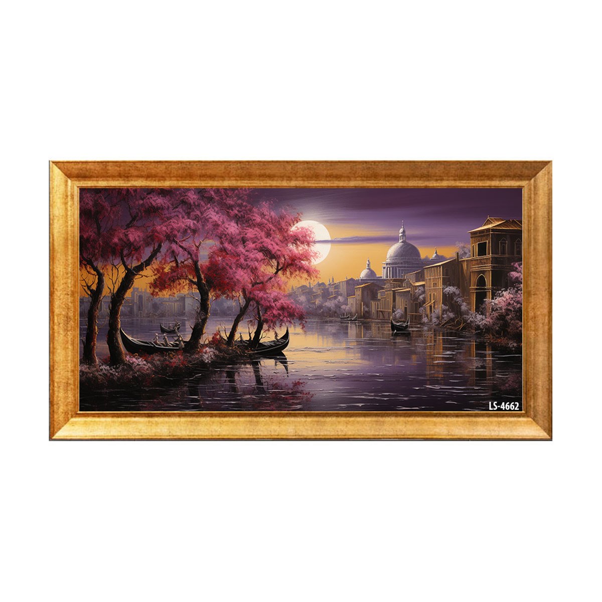 Altın çerçeveli dolunayda pembe ağaçlar ve Venedik kanalı manzaralı tablo ls-4662 - Çamlıca Home