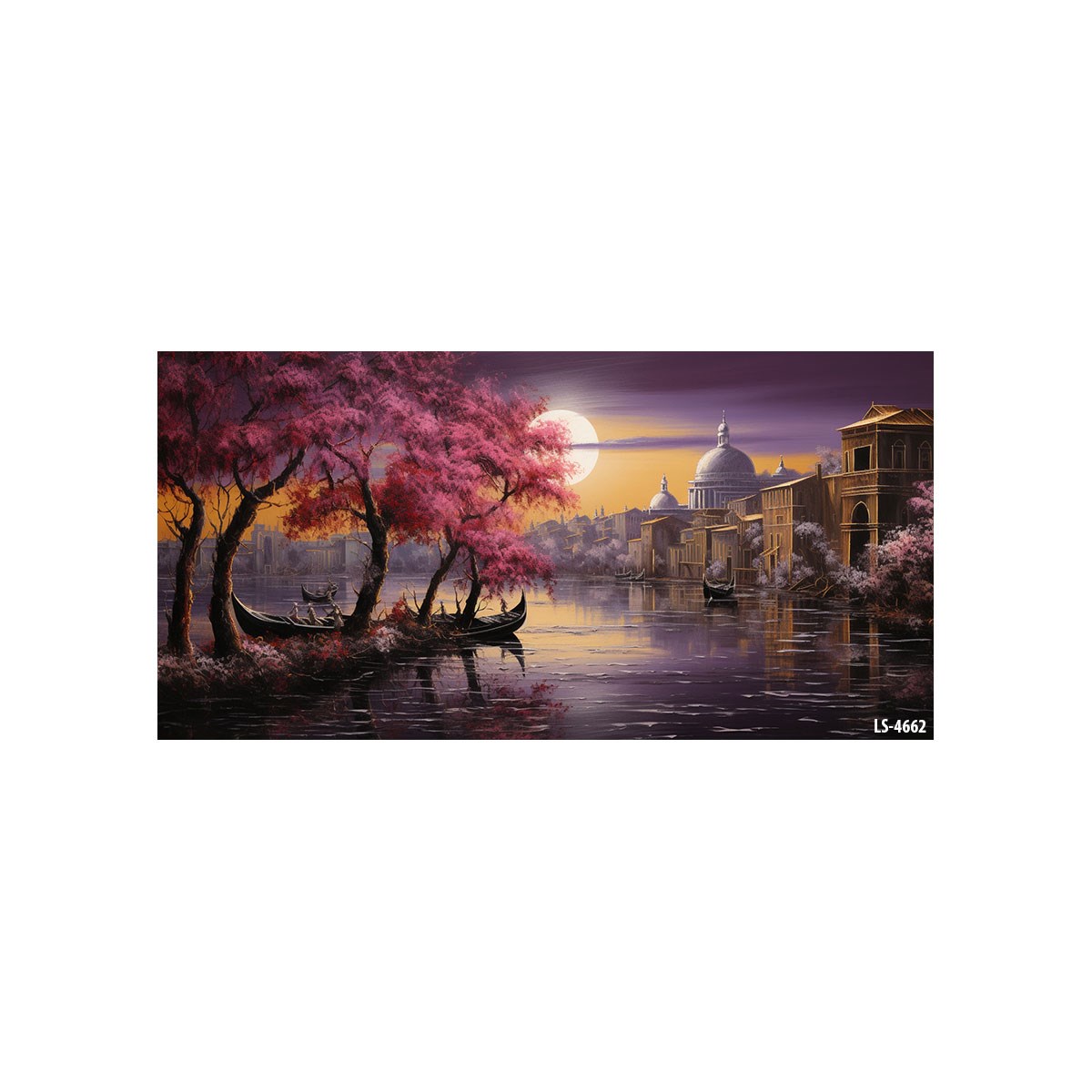 Dolunay ışığında Venedik su kanalı pembe çiçekli ağaçlar kubbeler ve gondollar manzaralı tablo ls-4662 - Çamlıca Home