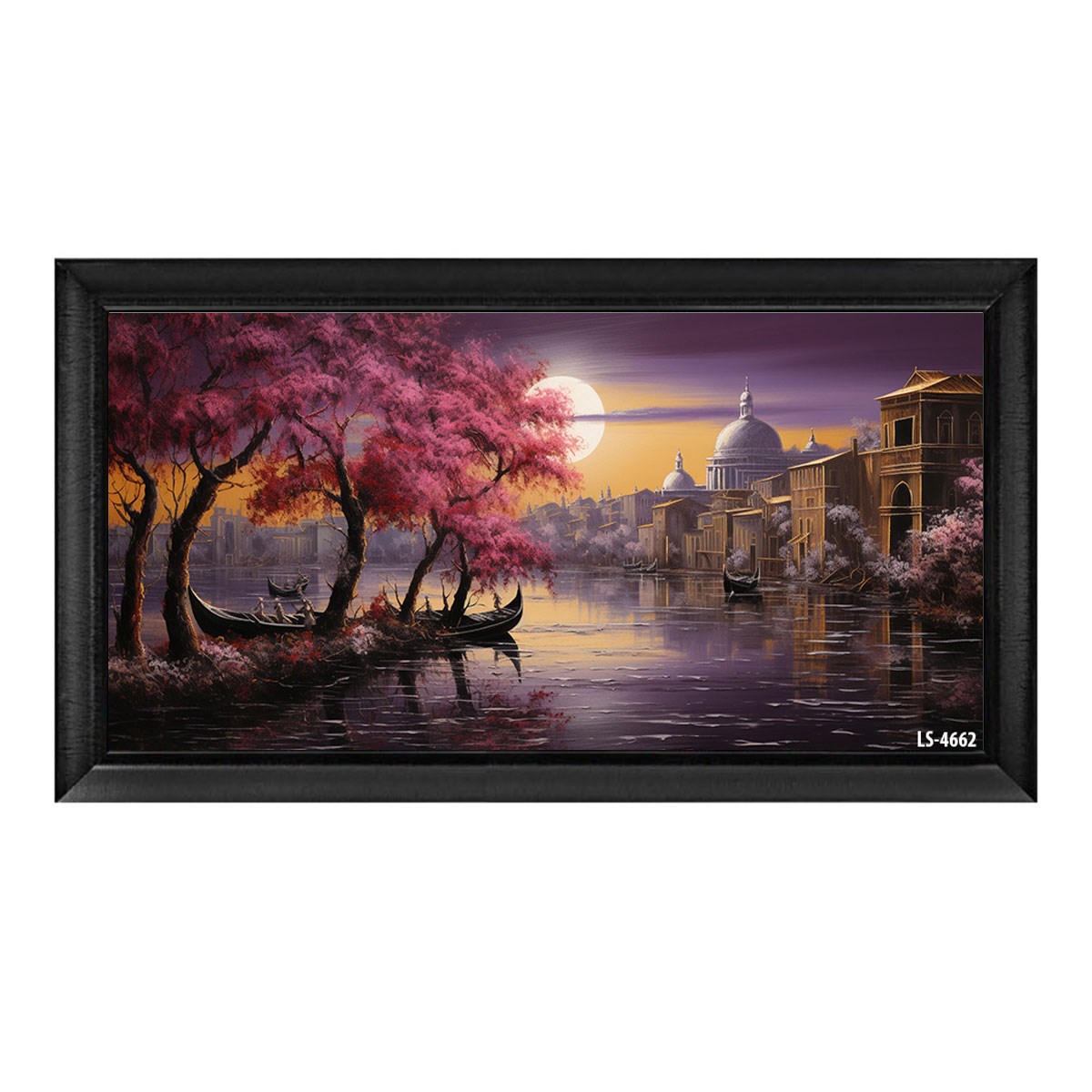 Siyah çerçeveli dolunayda pembe ağaçlar ve Venedik kanalı manzaralı tablo ls-4662 - Çamlıca Home