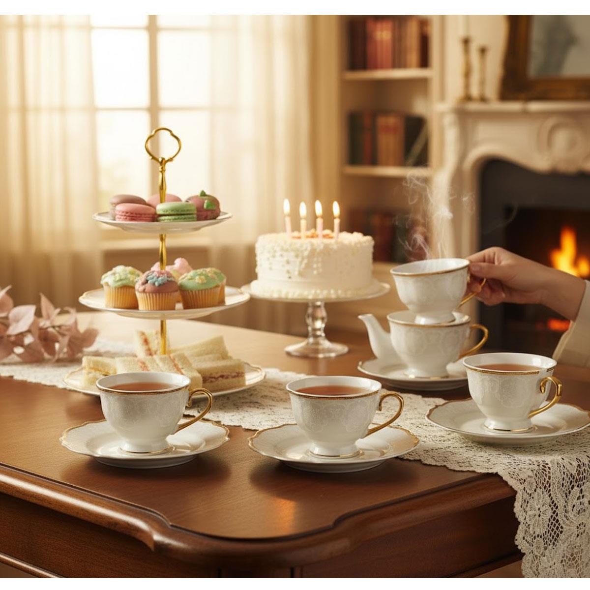 Dora Porselen Çay Seti, şömine ve kitaplık önünde doğum günü/özel gün kutlaması atmosferi.