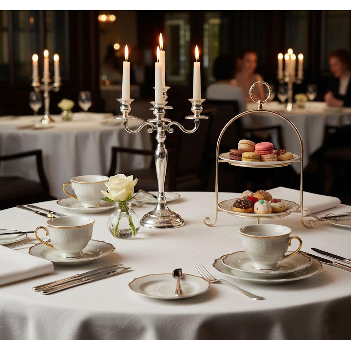 Dora Lüks Fincan Takımı şık restoranda şamdan ve katlı kurabiyelik ile davet sofrası.