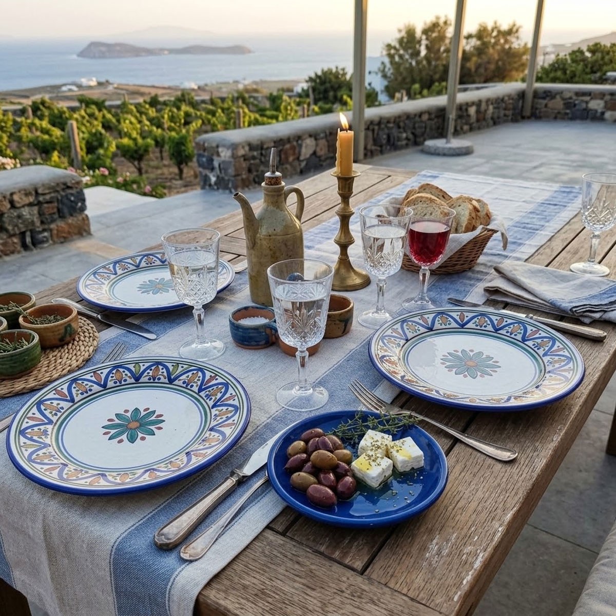 Akdeniz manzaralı sofrada peynir ve zeytin sunumlu 16 cm lacivert emaye tabak Çamlıca Home