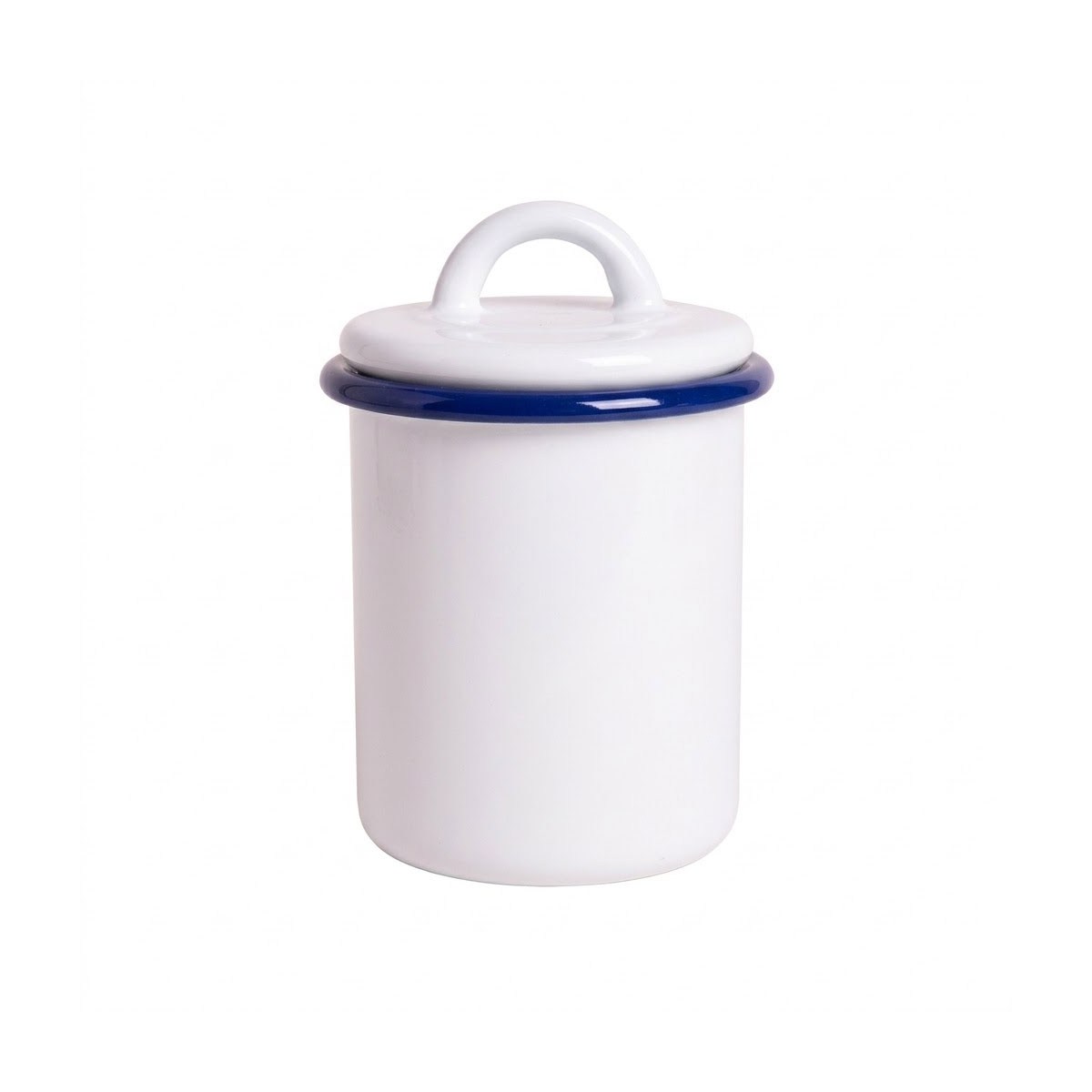 Çamlıca Home kobalt mavi kordon biyeli beyaz emaye 500 ml kulplu kapaklı baharatlık ve saklama kavanozu