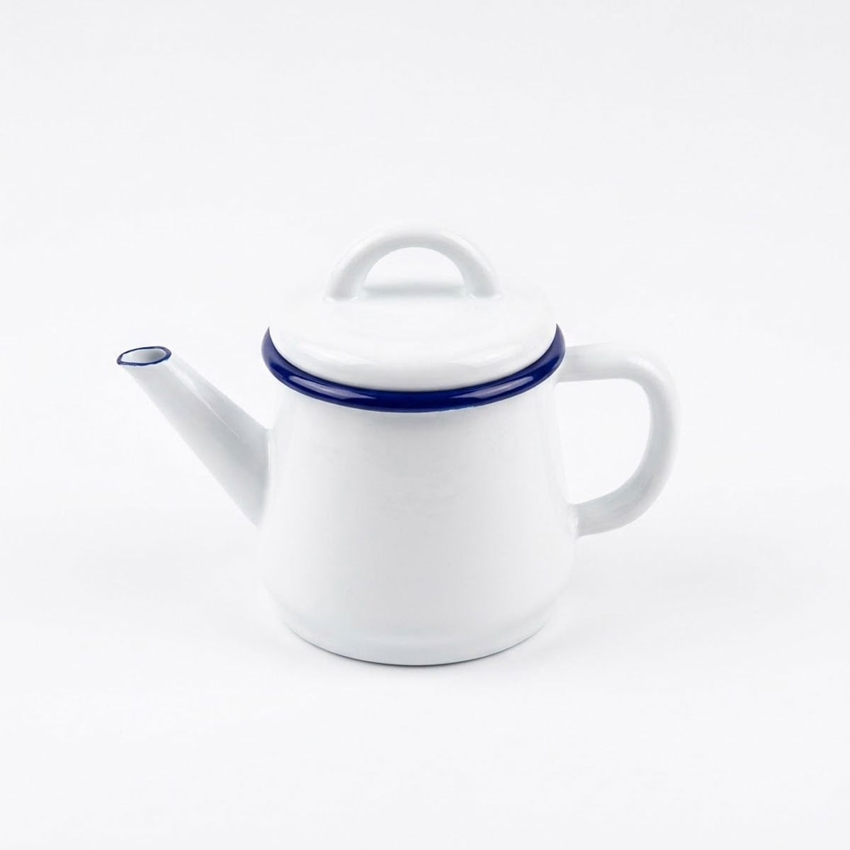 Çamlıca Home kobalt mavi kordon biyeli beyaz emaye 500 ml kapaklı çay ve bitki çayı demliği