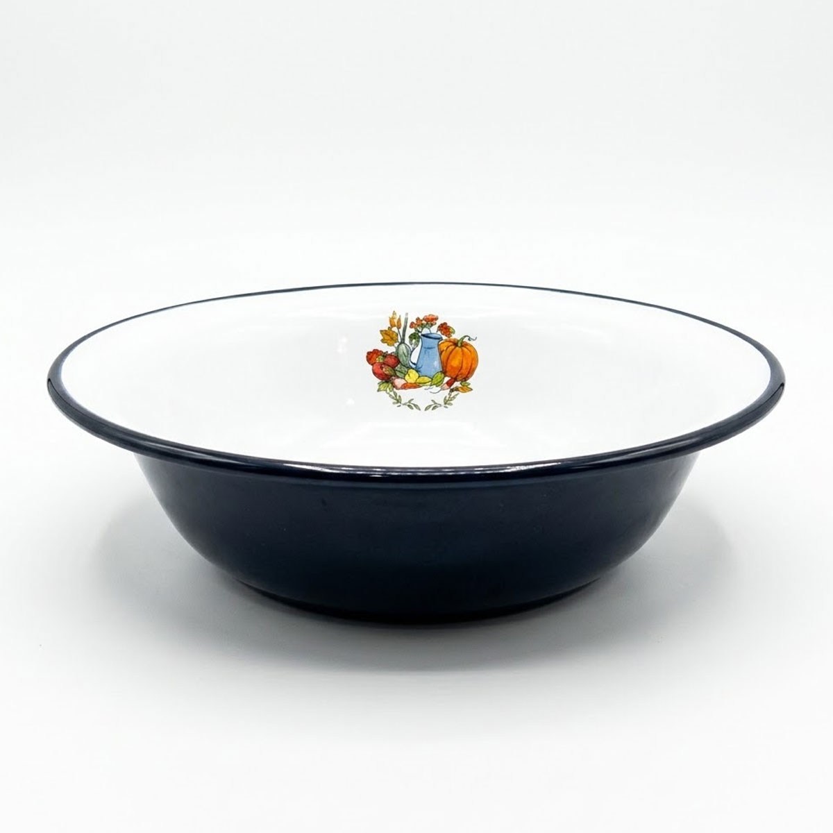 Çamlıca Home siyah dış gövdeli beyaz iç hazneli mutfak sebze desenli 36 cm büyük boy emaye hamur yoğurma kasesi ve leğeni