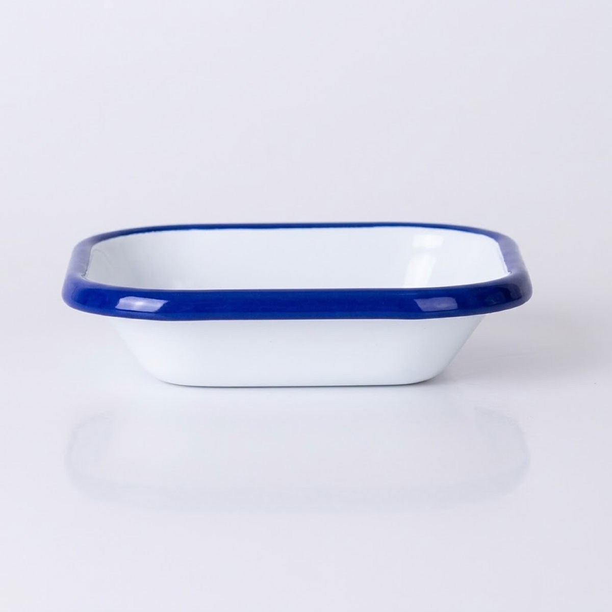 Çamlıca Home kobalt mavi kordon biyeli beyaz emaye kare mini meze sos ve kahvaltılık sunum tabağı