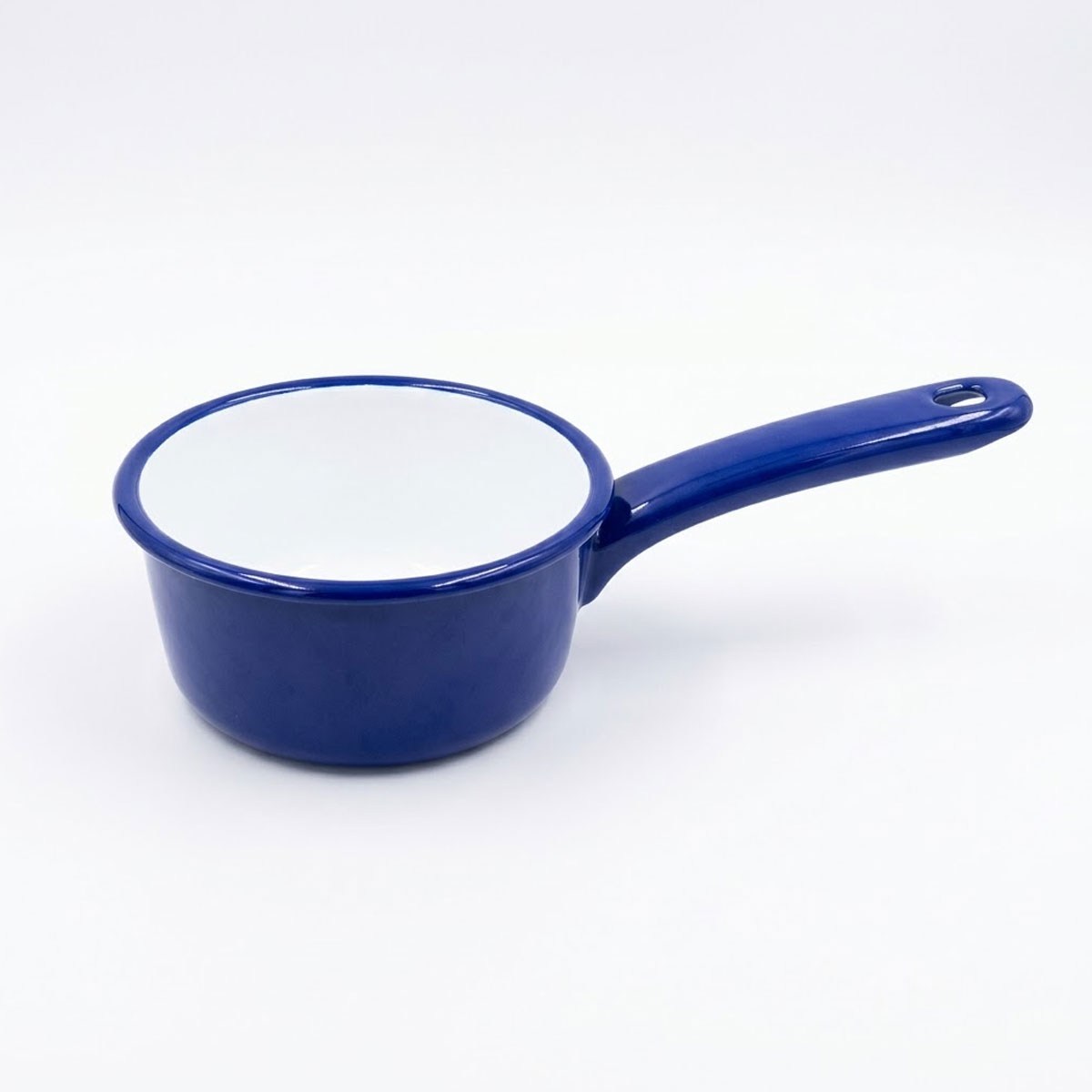 Çamlıca Home kobalt mavi parlak dış yüzeyli içi beyaz emaye 12 cm tek saplı mini kaserol pişirme ve sos tenceresi