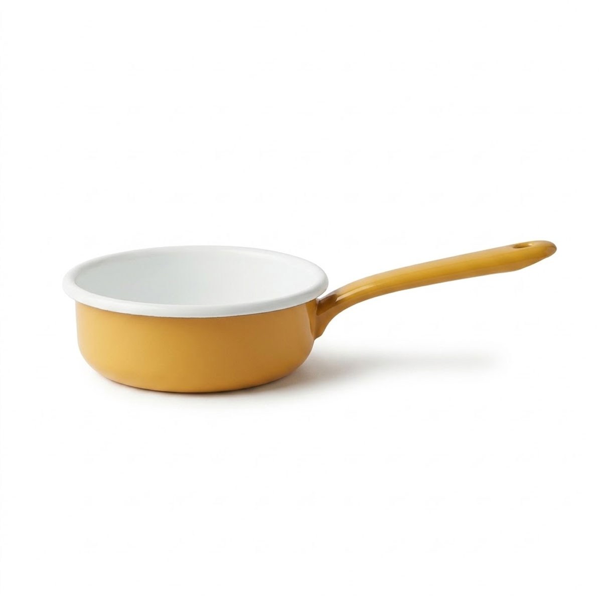 Çamlıca Home altın sarısı parlak dış yüzeyli içi beyaz emaye 16 cm tek saplı kaserol pişirme ve sos tenceresi