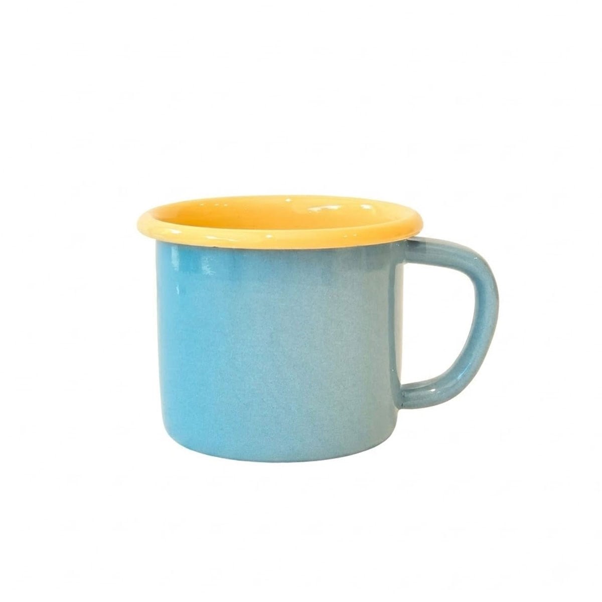 Çamlıca Home renkli ve dinamik konseptler için dışı düz açık mavi ağız kısmı ve içi sarı kordonlu emaye kupa 350 ml