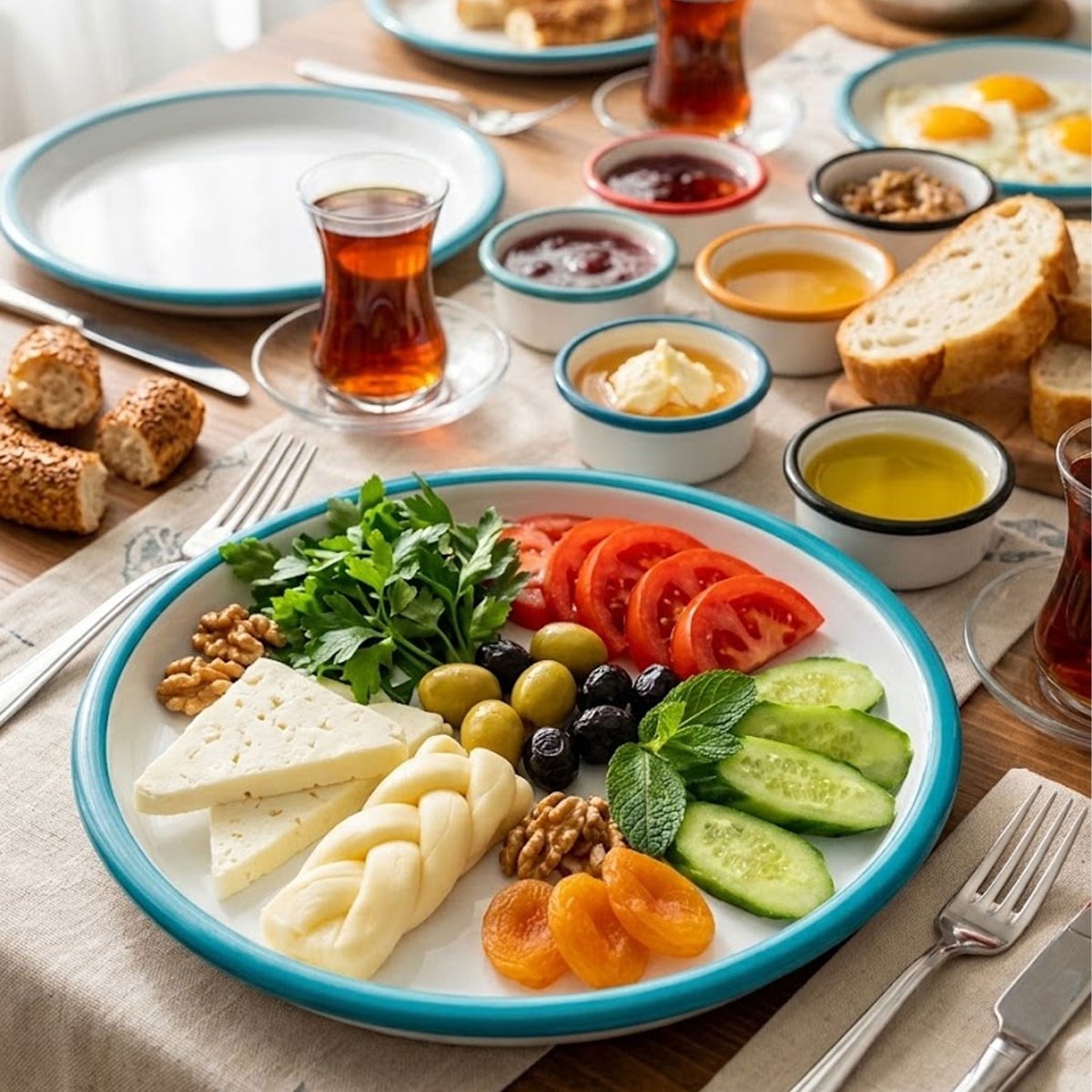 Çamlıca Home turkuaz kordon biyeli beyaz emaye pizza ve servis tabağında serpme kahvaltı sunumu