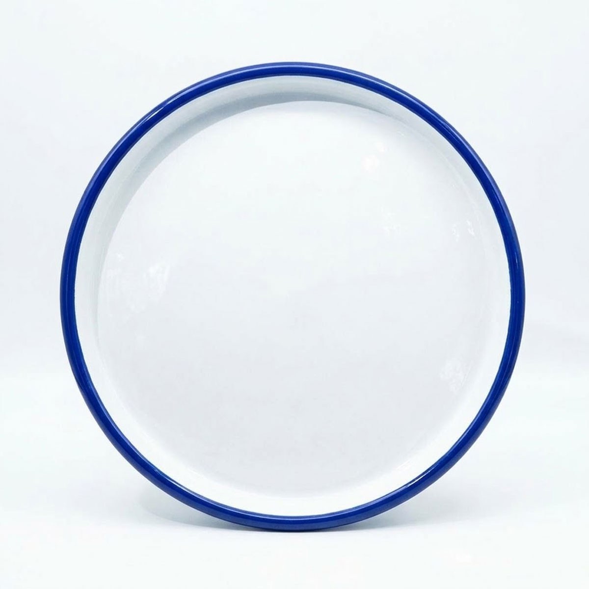 Çamlıca Home kobalt mavi kordon biyeli beyaz emaye 22 cm yuvarlak pizza börek sunum tabağı