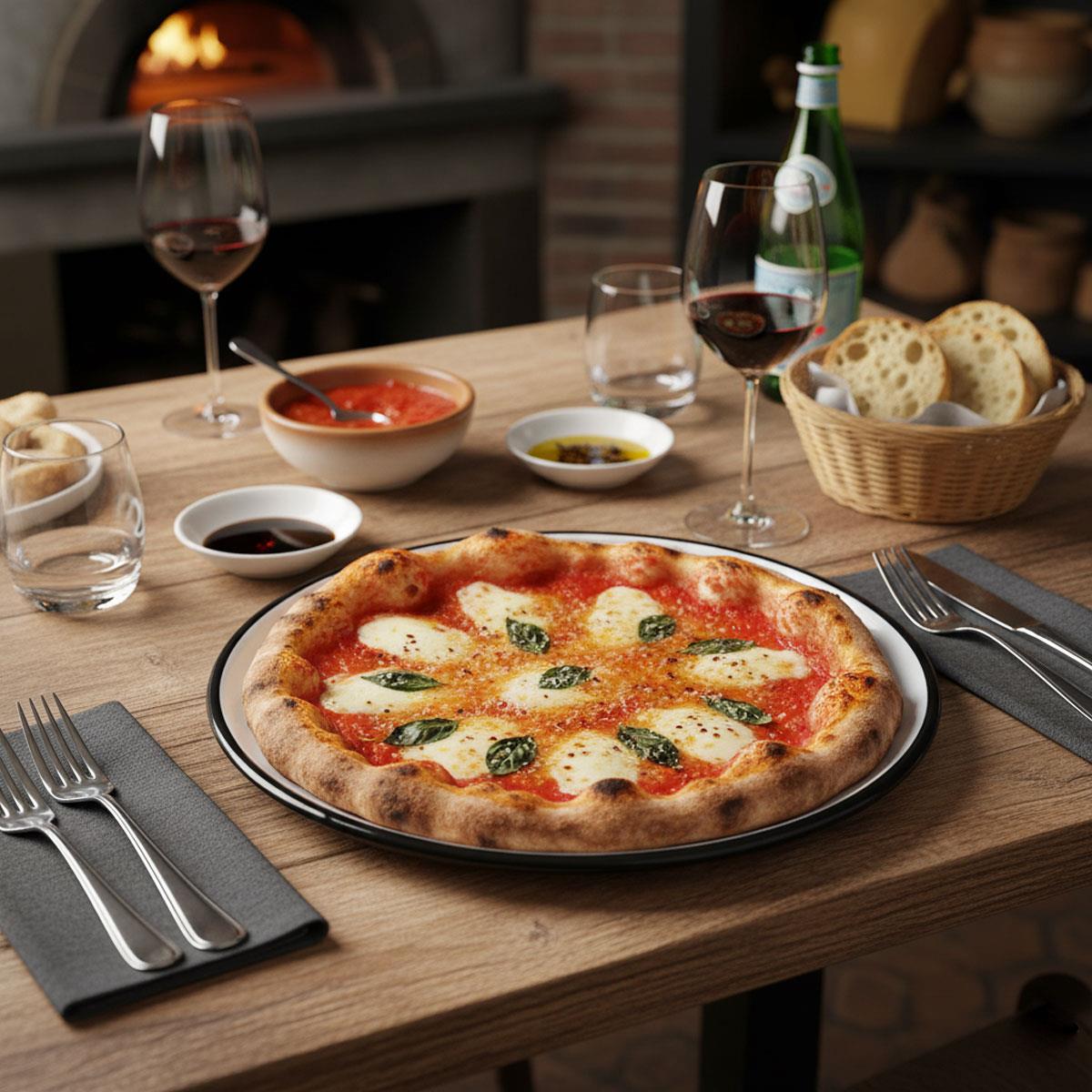 Odun ateşinde pişmiş pizzanın servis edildiği siyah kordonlu emaye pizza tabağı, ahşap masa üzerinde bir kadeh şarap ve yan mezelerle şık bir akşam yemeği konsepti.