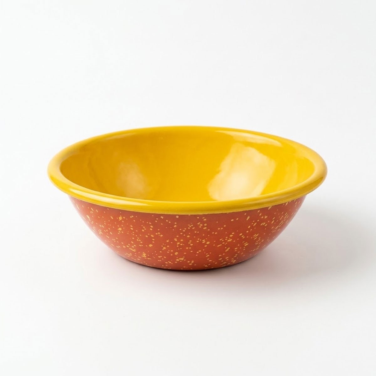 Çamlıca Home sarı iç hazneli kırmızı üzeri sarı serpme desenli 20 cm emaye salata kasesi