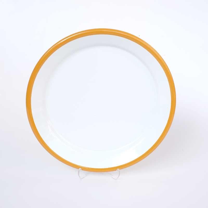 Beyaz üzerine oksit sarı şeritli nostaljik emaye servis tabağı 25 cm - Çamlıca Home