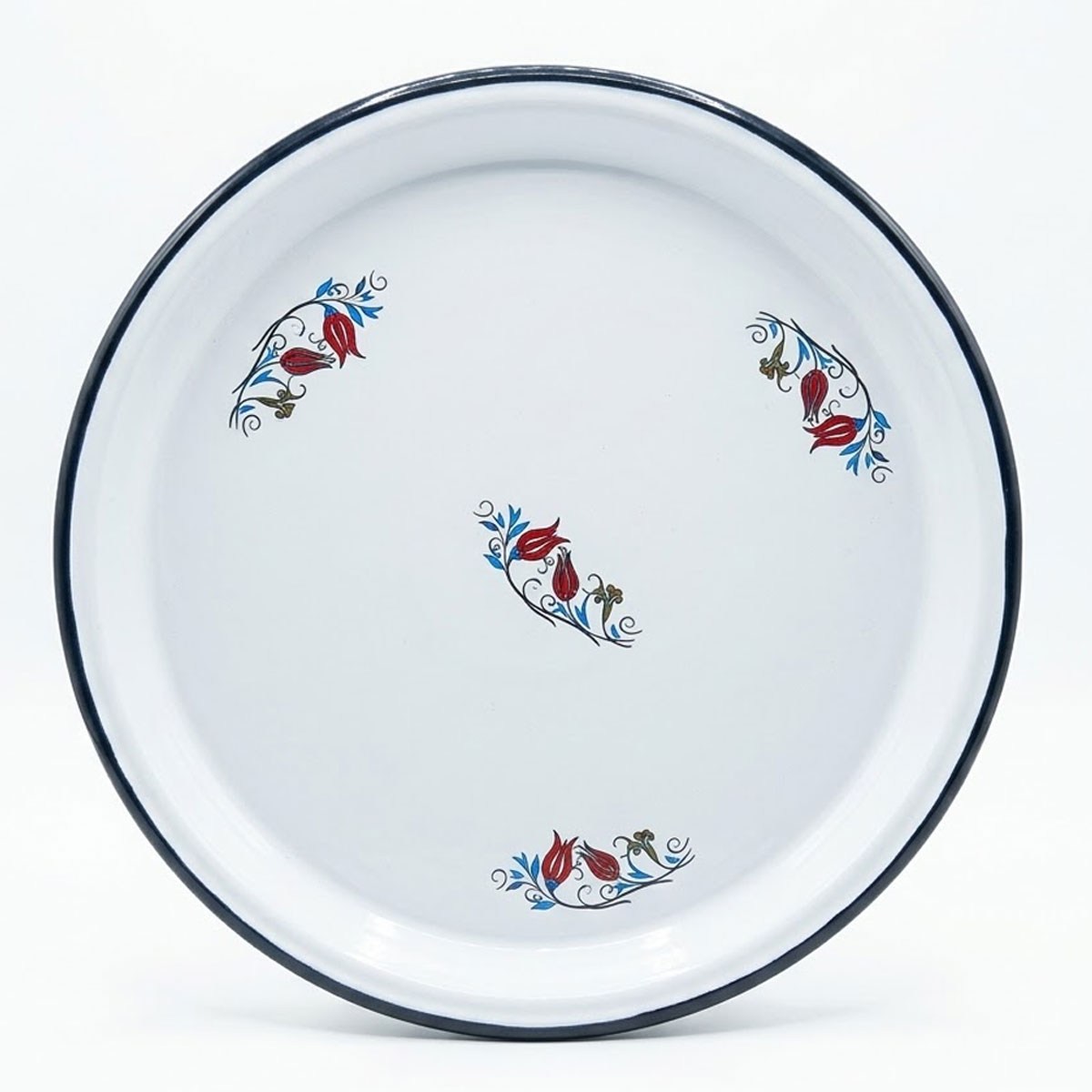 Çamlıca Home siyah çerçeve biyeli beyaz zemin üzeri kırmızı mavi klasik lale motifli 57 cm geniş emaye sini ve servis tepsisi