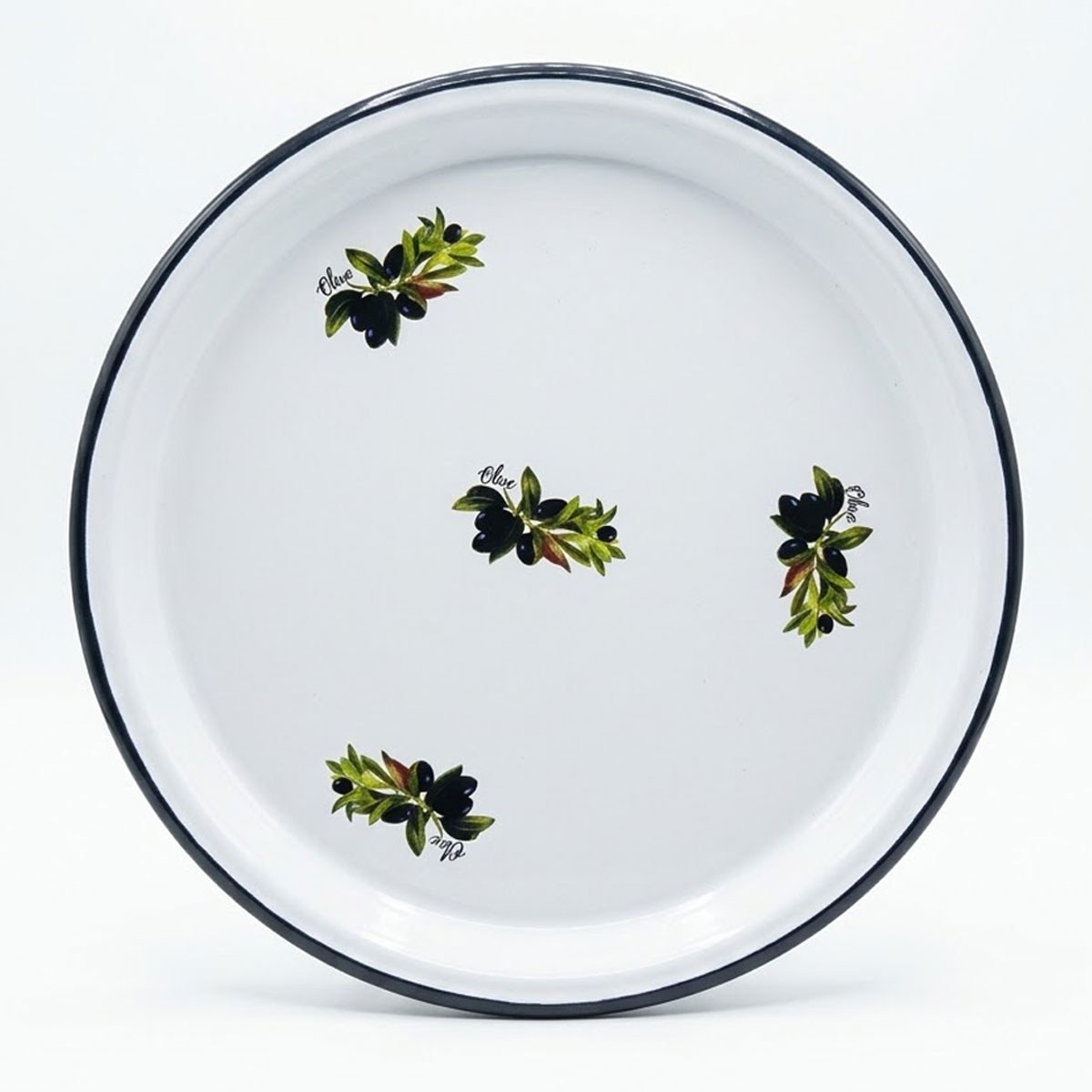 Çamlıca Home siyah çerçeveli beyaz zemin üzeri yeşil yapraklı siyah zeytin dalı desenli 57 cm geniş emaye sini ve servis tepsisi