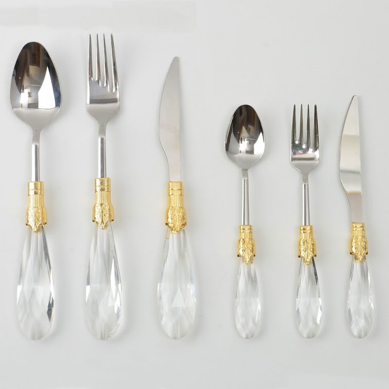 Emayra Diamond 36 parça şeffaf kristal saplı altın bilezikli gümüş çelik yemek takımı - Çamlıca Home