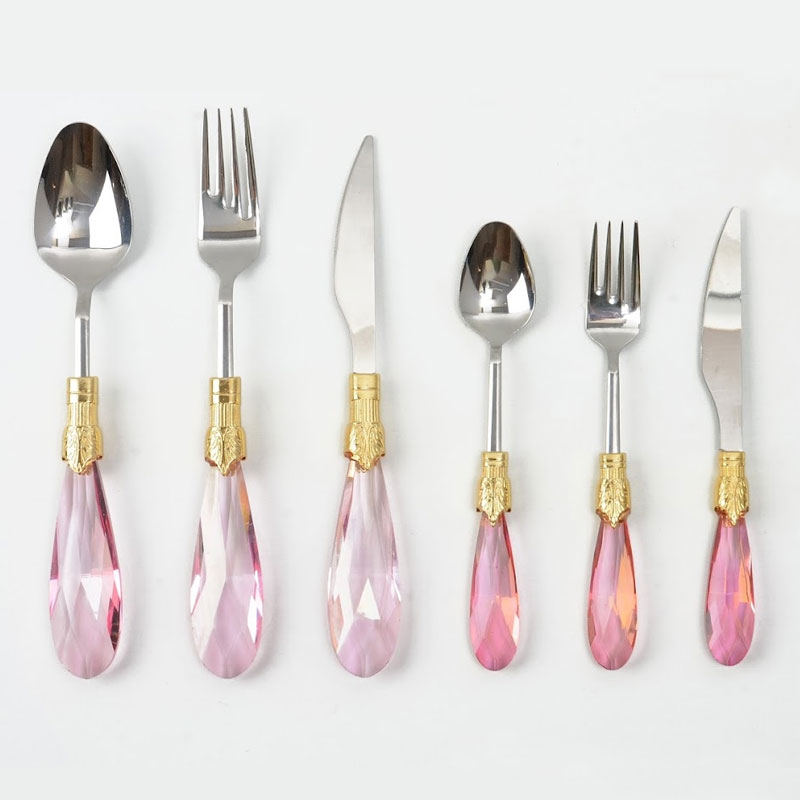 Emayra Diamond 36 parça pembe kristal saplı altın bilezikli çelik çatal kaşık seti - Çamlıca Home