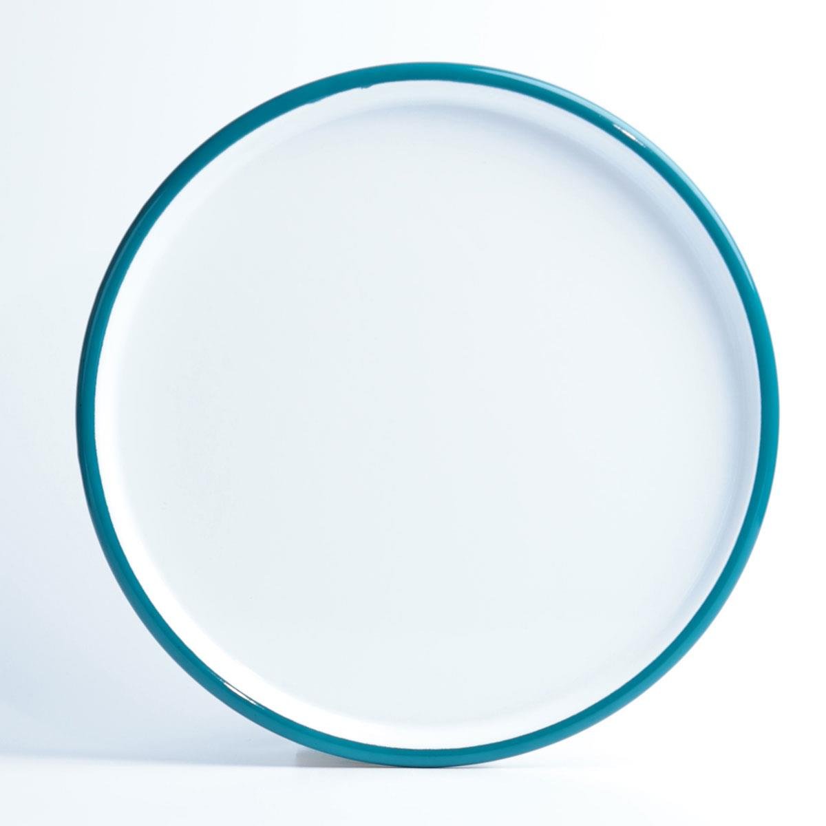 Emayra Emaye Pizza Tepsisi 32 cm - Beyaz, Turkuaz Kordon Detaylı, Tam Görünüm