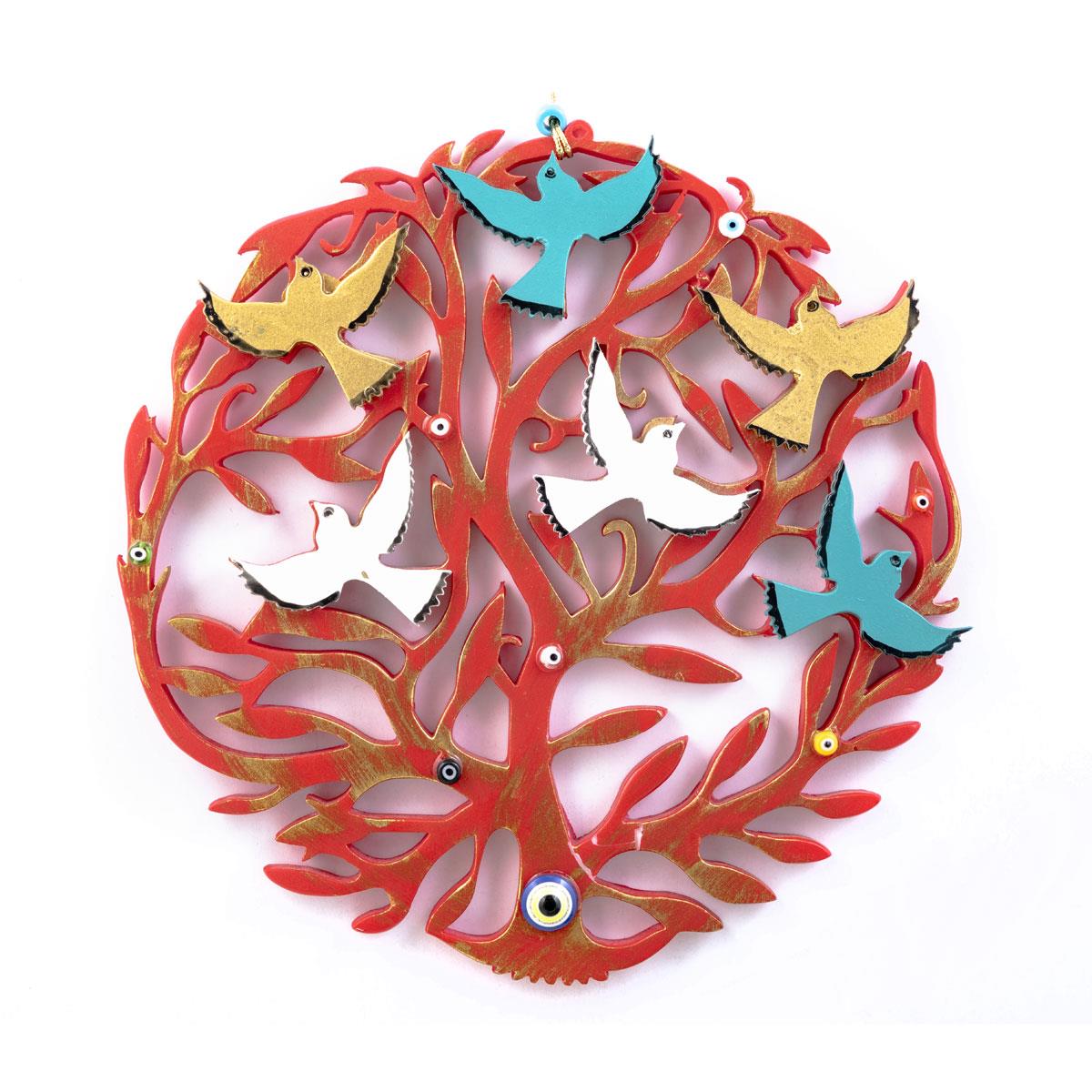 Emayra Marka Kırmızı Hayat Ağacı Duvar Süsü, Uçuşan Kuşlar ve Nazar Boncukları ile Dekoratif Duvar Aksesuarı
