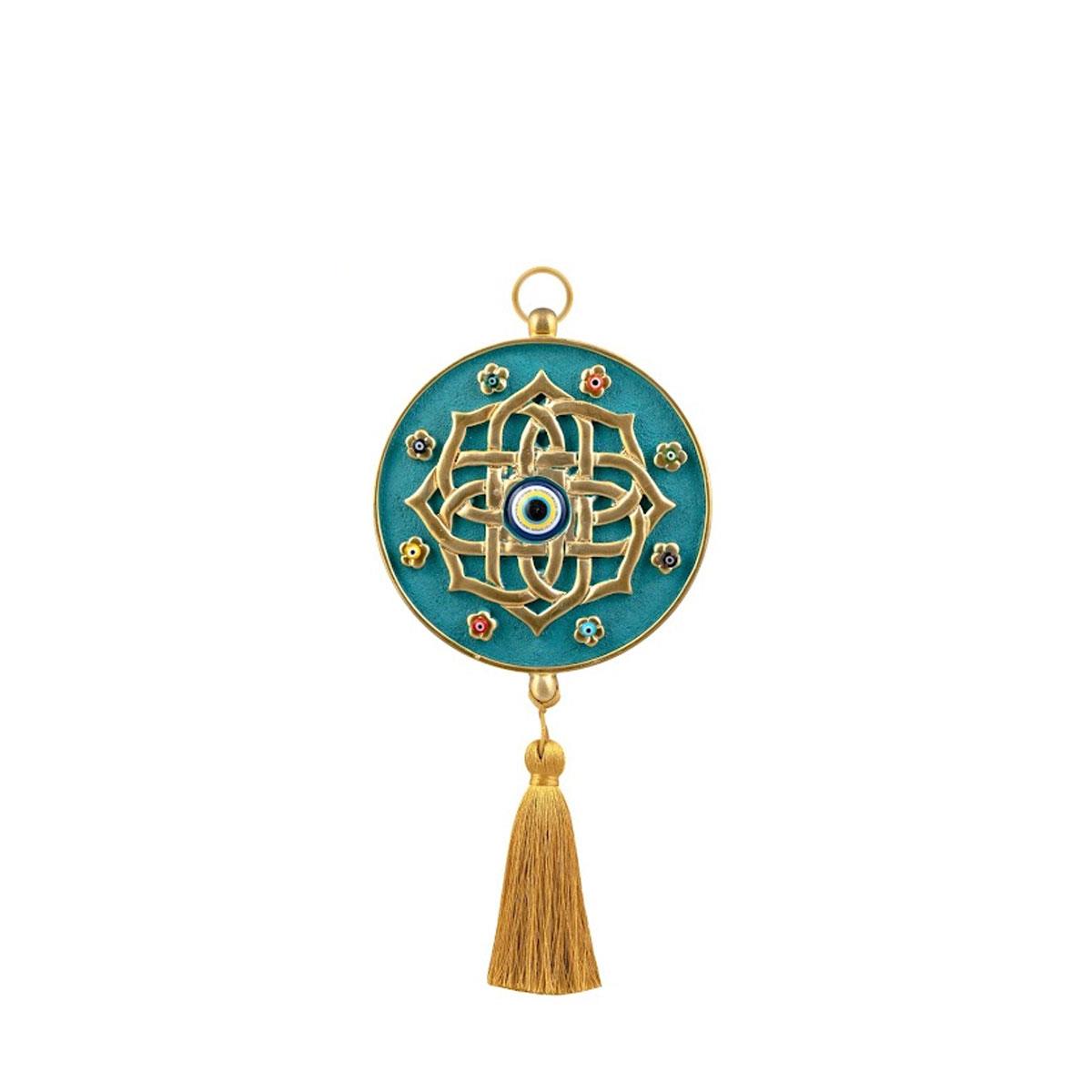 Emayra, tekli nazar boncuklu duvar süsü, turkuaz ve altın rengi, mandala desenli, püsküllü.