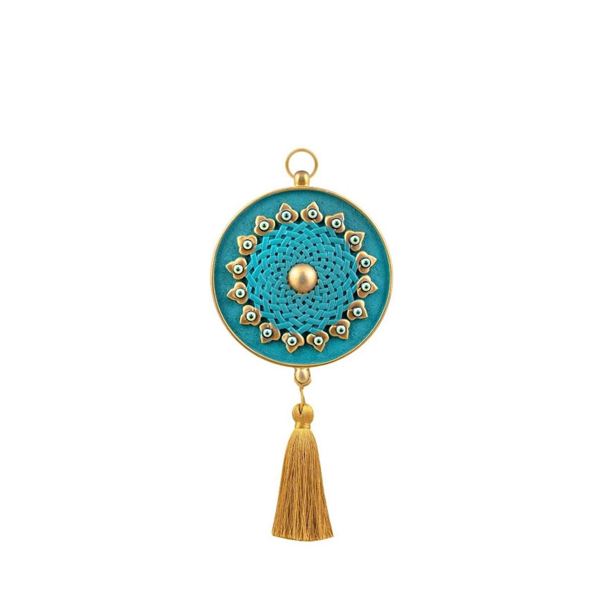 Emayra, tekli nazar boncuklu duvar süsü, turkuaz ve altın rengi, geleneksel desenli, püsküllü.
