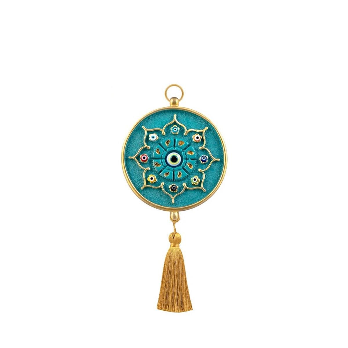 Emayra, tekli nazar boncuklu duvar süsü, turkuaz ve altın rengi, yıldız motifli, püsküllü.