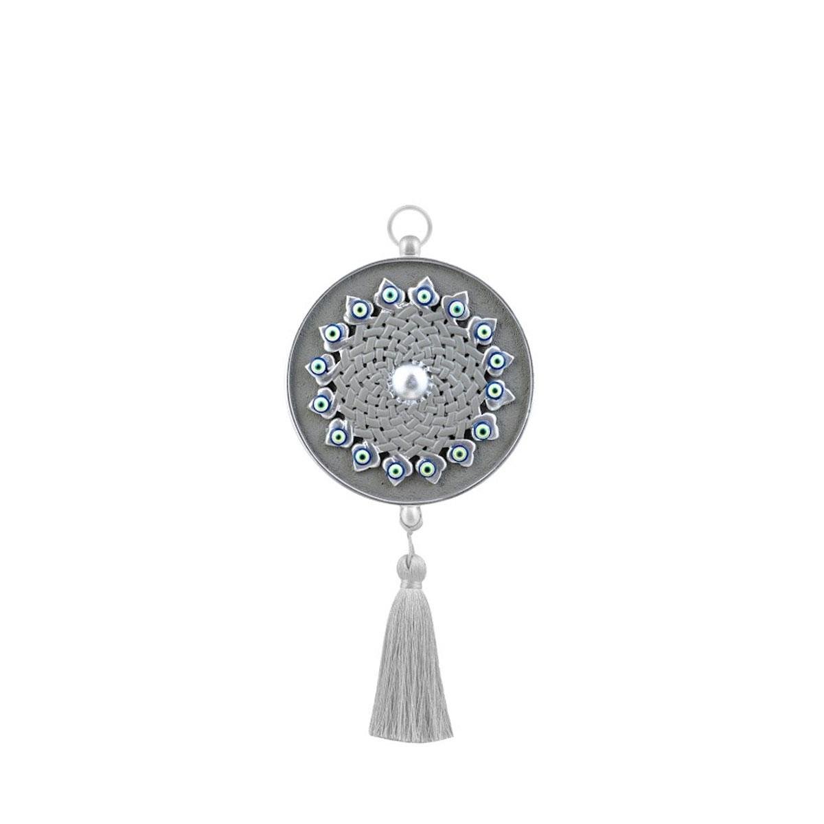 Emayra Tekli Nazar Boncuklu Duvar Süsü, gümüş rengi ve geleneksel desenli