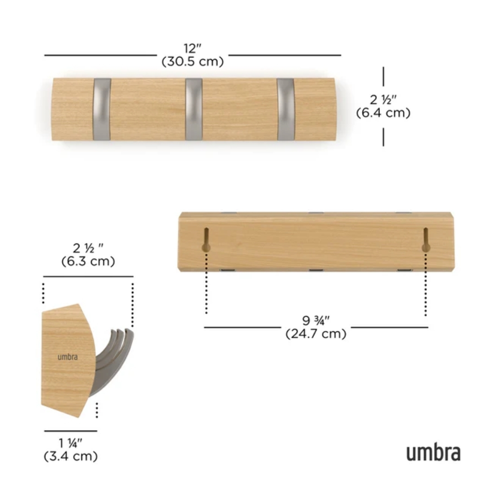 Flip 3'Lü Duvar Kancası Doğal-Nikel 30x6x3 cm - Umbra
