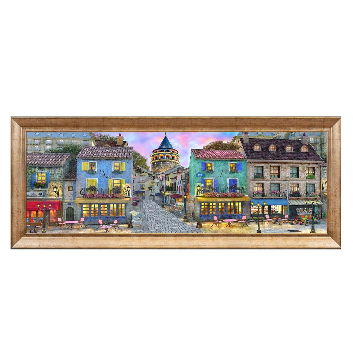 Galata Kulesi ve nostaljik sokak manzaralı eskitme çerçeveli dokulu büyük boy kanvas tablo Çamlıca Home